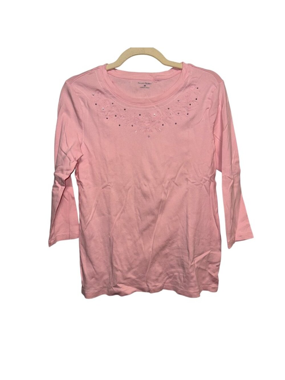 Studio Works Pink Long Sleeve Embroidered & Studded Womens Top M 100% Cotton